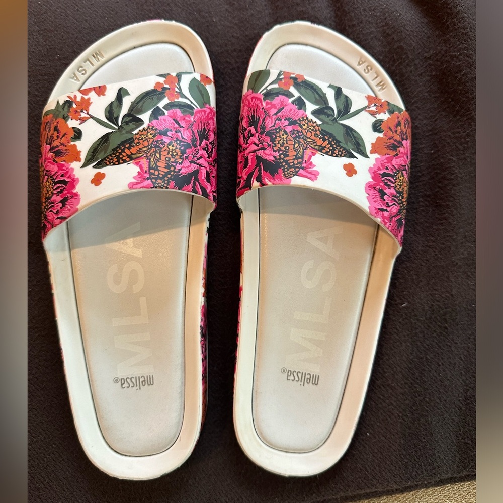 Melissa White Floral Slide Sandals with Pink & Green Accents